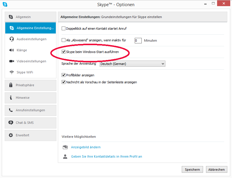 Skype Optionsfenster