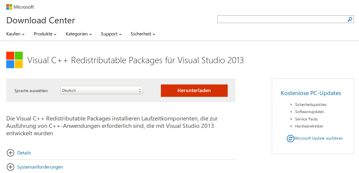 Microsoft Visual C++ Redistributable Download um Elster wieder starten zu können