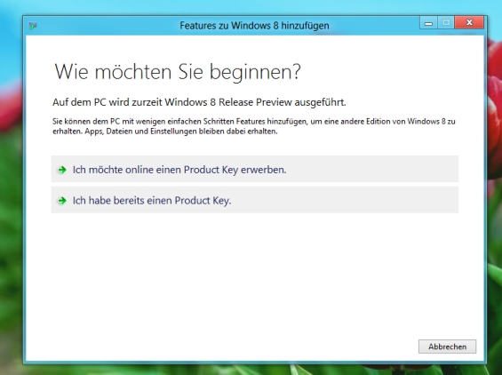 Geben Sie Ihren Upgradelizenzschlüssel für Windows 8 ein.