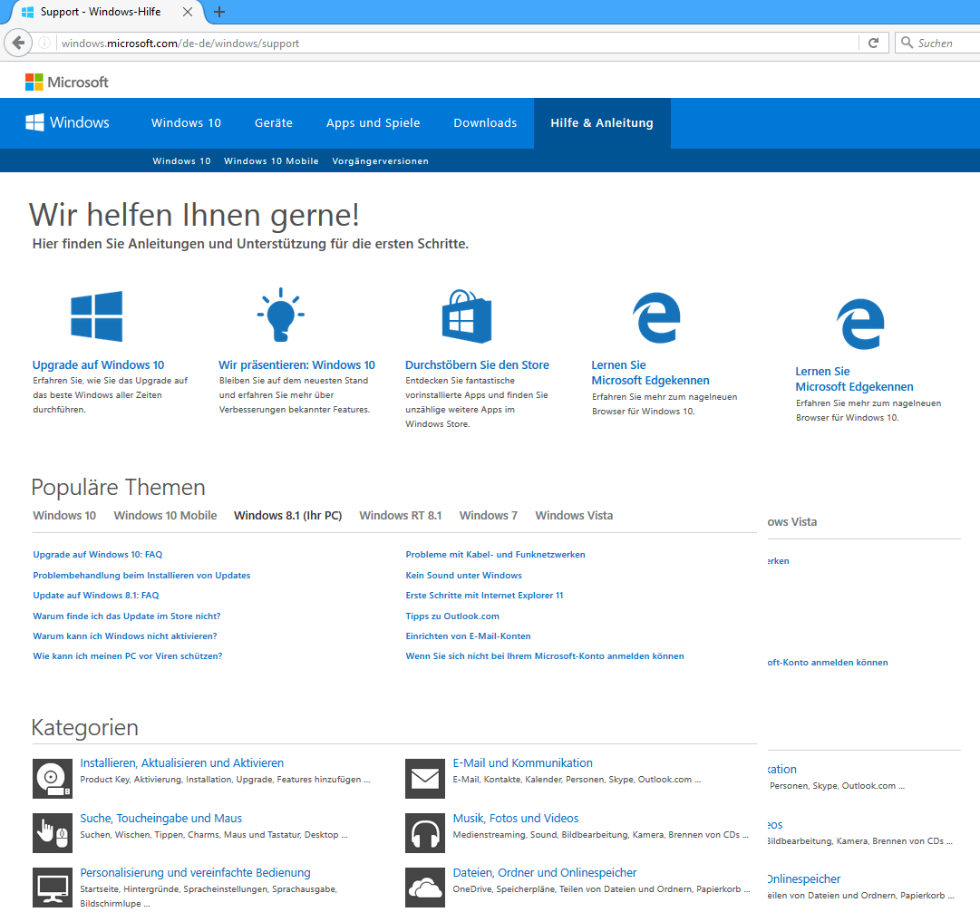 Screenshot der Support Webseite für Windows von Microsoft