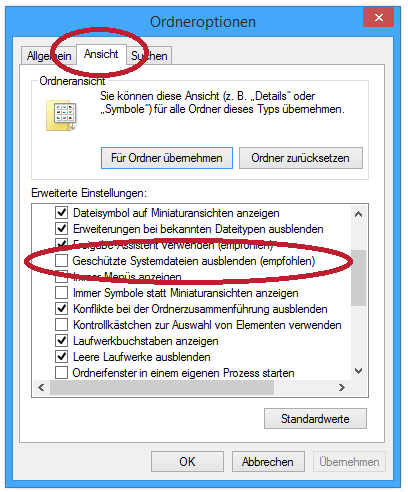Screenshot Ordneroptionen für Fehlermeldung Windows Benutzerprofil kann nicht geladen werden