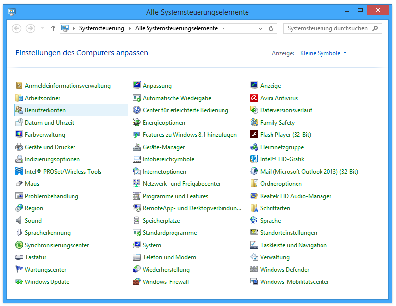 Screenshot Benutzerkontenverwaltung in Systemsteuerung