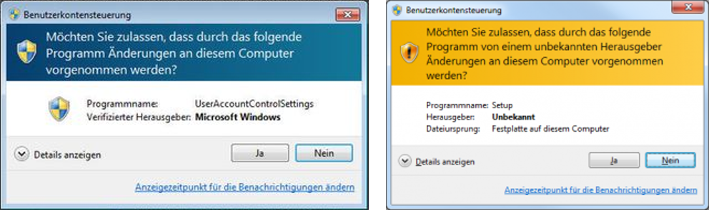 Windows Sicherheitskonzept - Benachrichtigungen der Benutzerkontensteuerung