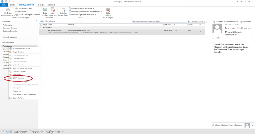 Kontextmenü des E-Mail-Kontos im Ordnerbereich von Outlook