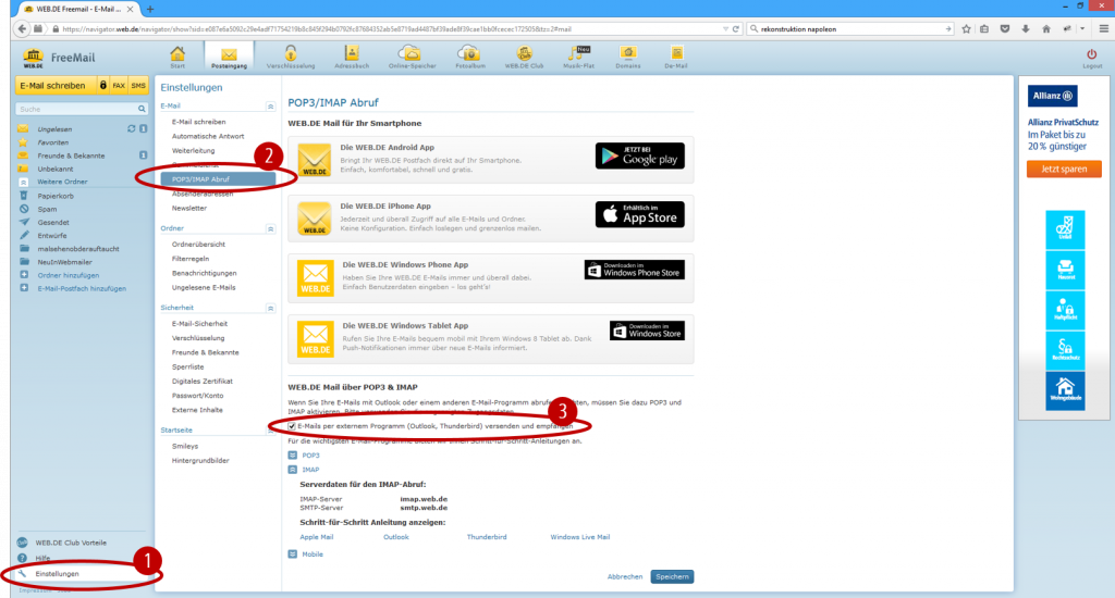 Screenshot der WEB.DE-Postfacheinstellungen zum Abruf von E-Mails durch externe E-Mail-Programme