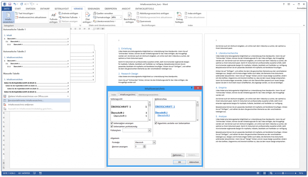 Word Inhaltsverzeichnis - Inhaltsverzeichnis finalisieren per Inhaltsverzeichnis-Dialog