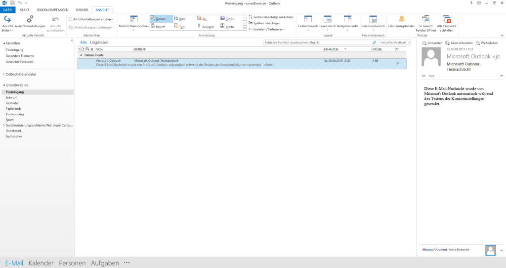 Screenshot eingerichtetes WEB.DE Konto in Outlook
