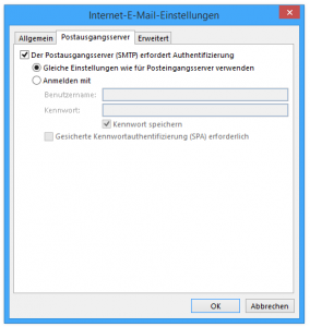 Postausgangsserver Einstellungen in Outlook zum Abruf von E-Mail von WEB.De