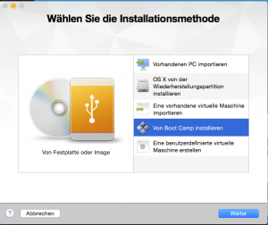 Screenshot Auswahlfenster für die Installationsmethode in VMware Fusion