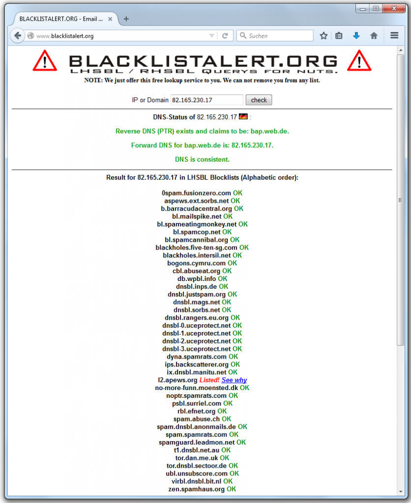 Screenshot Ergebnis Blacklistalert.org