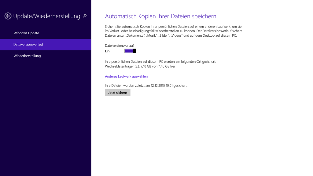 Einrichtung des Dateiversionsverlaufs in Windows 8 über Modern UI