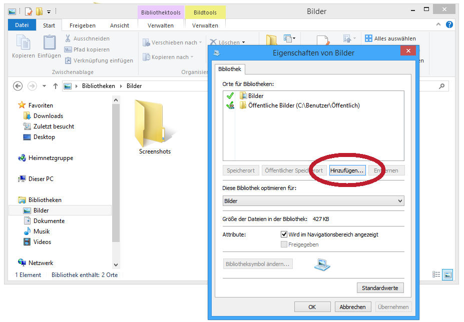 Aufnahme eines Ordners in eine Bibliothek über Bibliothekseigenschaften