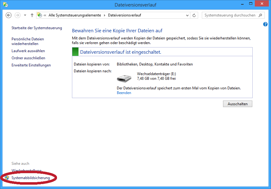 Systemabbildsicherung im Dateiversionsverlauf-Fenster