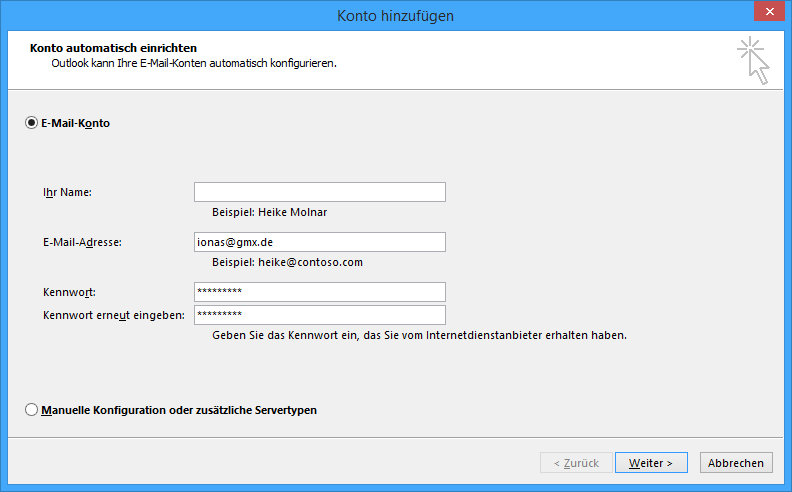 Einrichtungsassistent Outlook für GMX