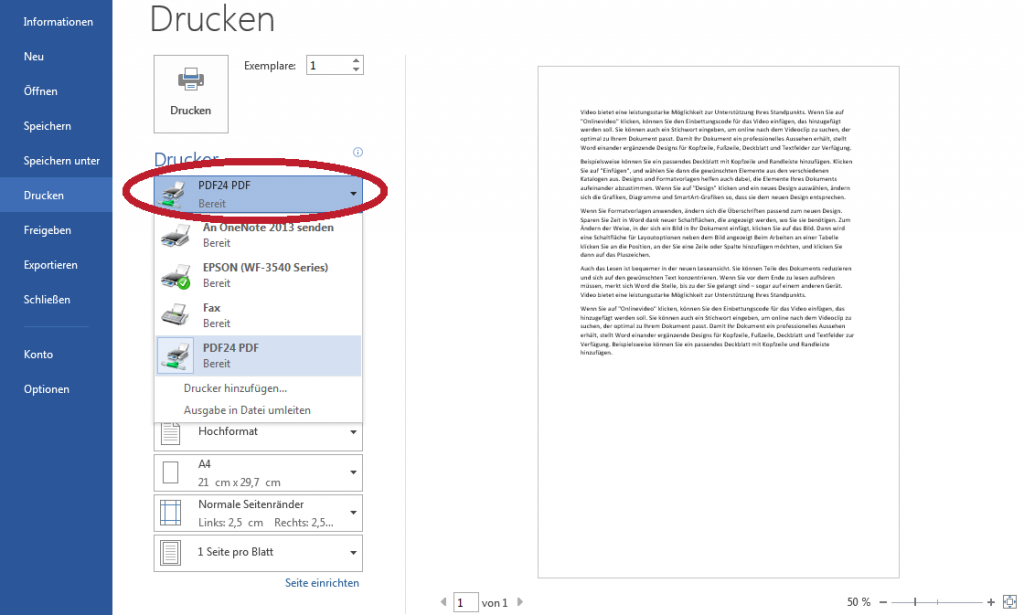 Screenshot PDF drucken mit dem PDF24 Creator in MS Office