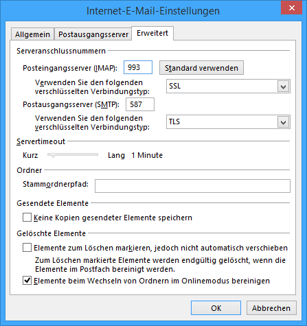 Weitere Einstellungen für GMX in Outlook