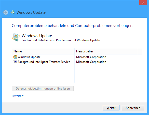 Windows Update Problembehandlung Dialog