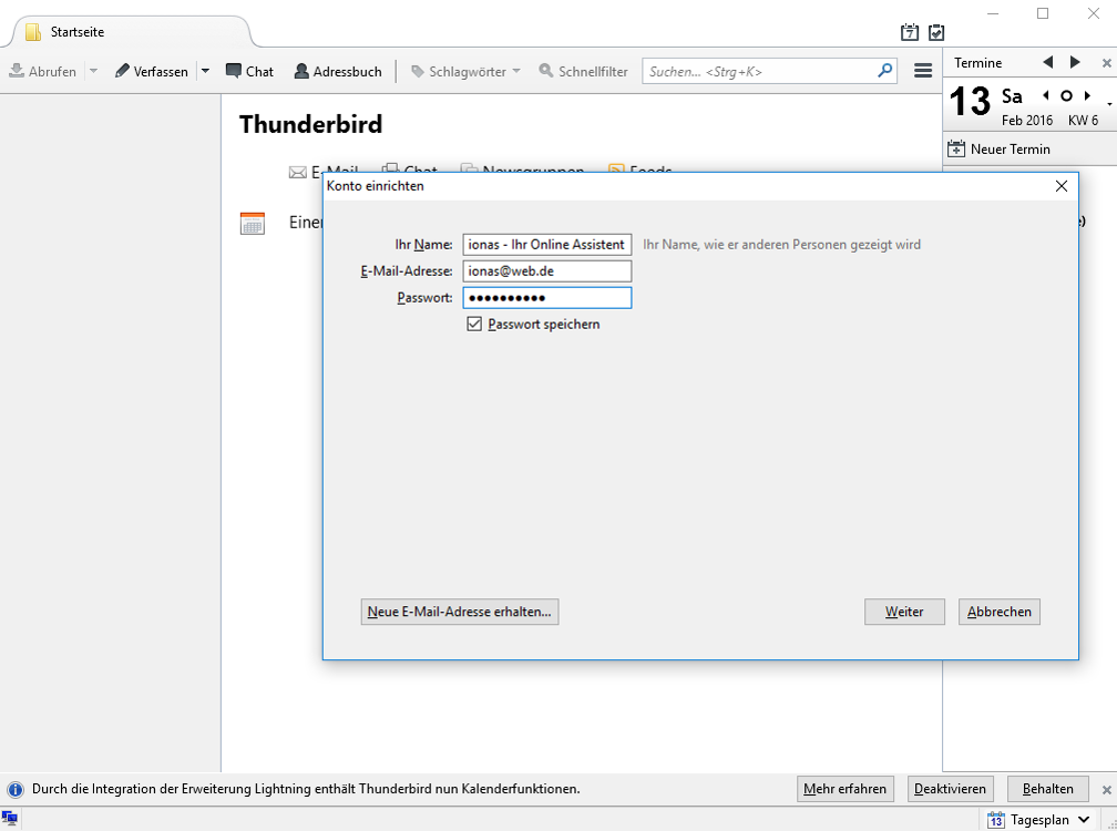 Autmatische Konfiguration von WEB.DE in Thunderbird