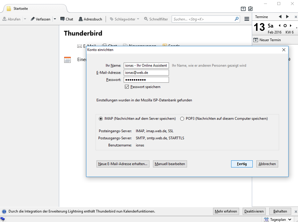 Erfolgreiche automatische Einrichtung eines WEB.DE-Kontos in Thunderbird