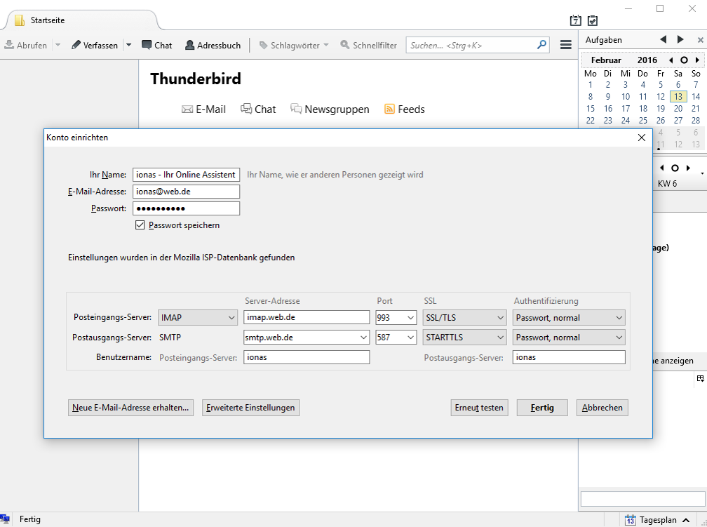 Manuelle E-Mail-Konfiguration in Thunderbird