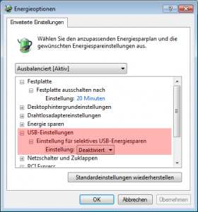 Energiesparplan für USB Geräte ändern