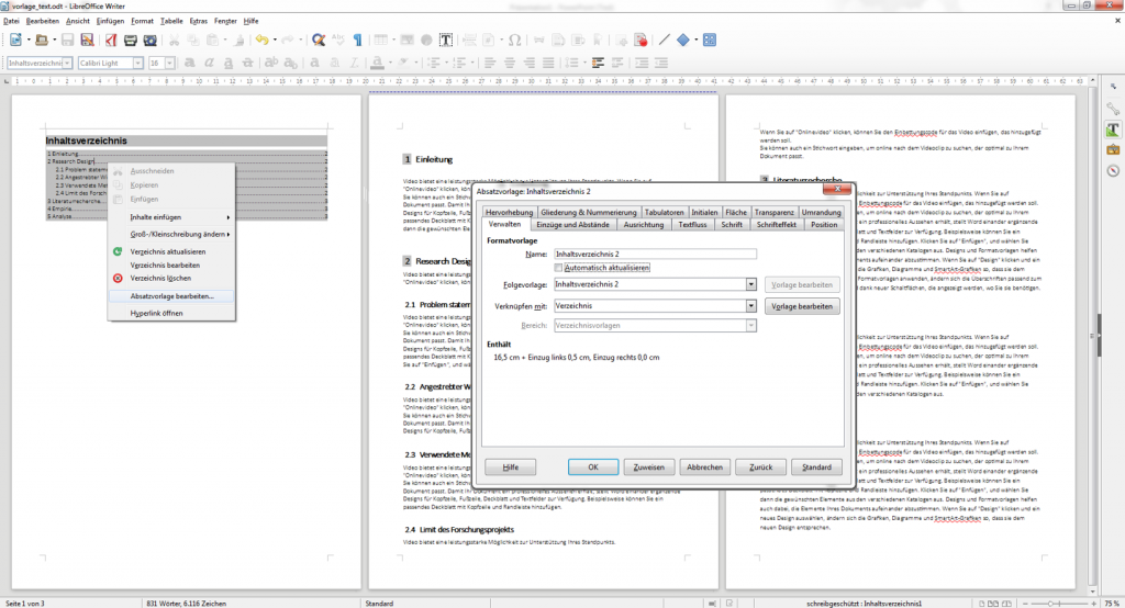 Bearbeitung einer Inhaltsverzeichnis Absatzvorlage in LibreOffice