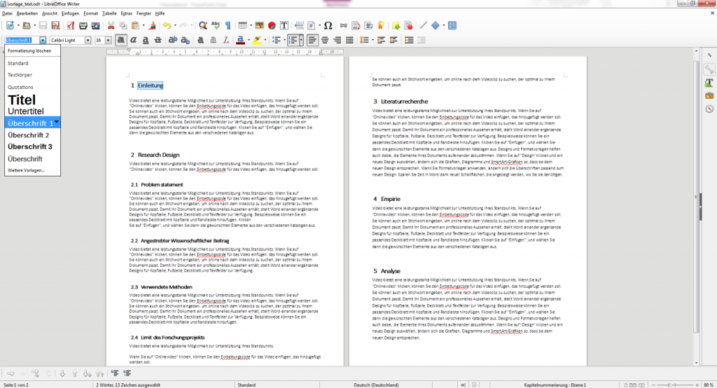 Deklaration von Überschriften in LibreOffice