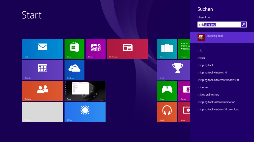 Start des Snipping Tools in Windows 8