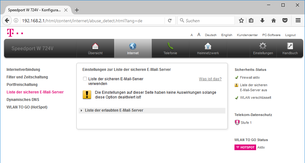 Liste sicherer Mail-Server bei einem Speedport W 724V