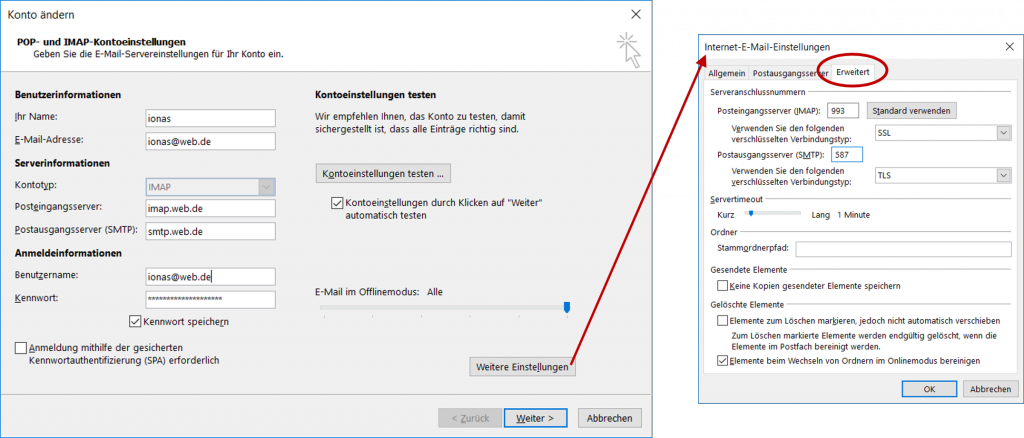 Konteneinstellungen eines E-Mail Kontos in Microsoft Outlook