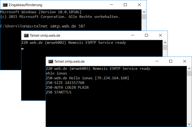 Telnet Aufrufe zum Verbindungstest des Mailservers