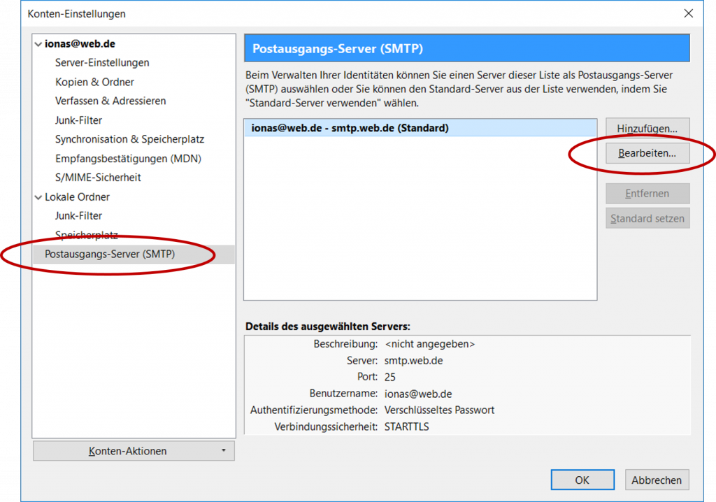 Konteneinstellungen eines E-Mail Kontos in Thunderbird