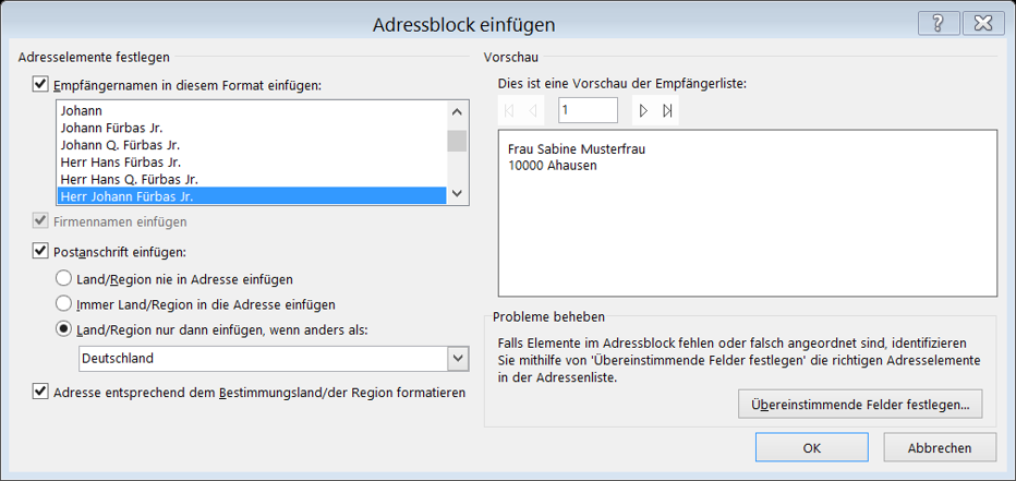 Dialog Adressblock einfügen