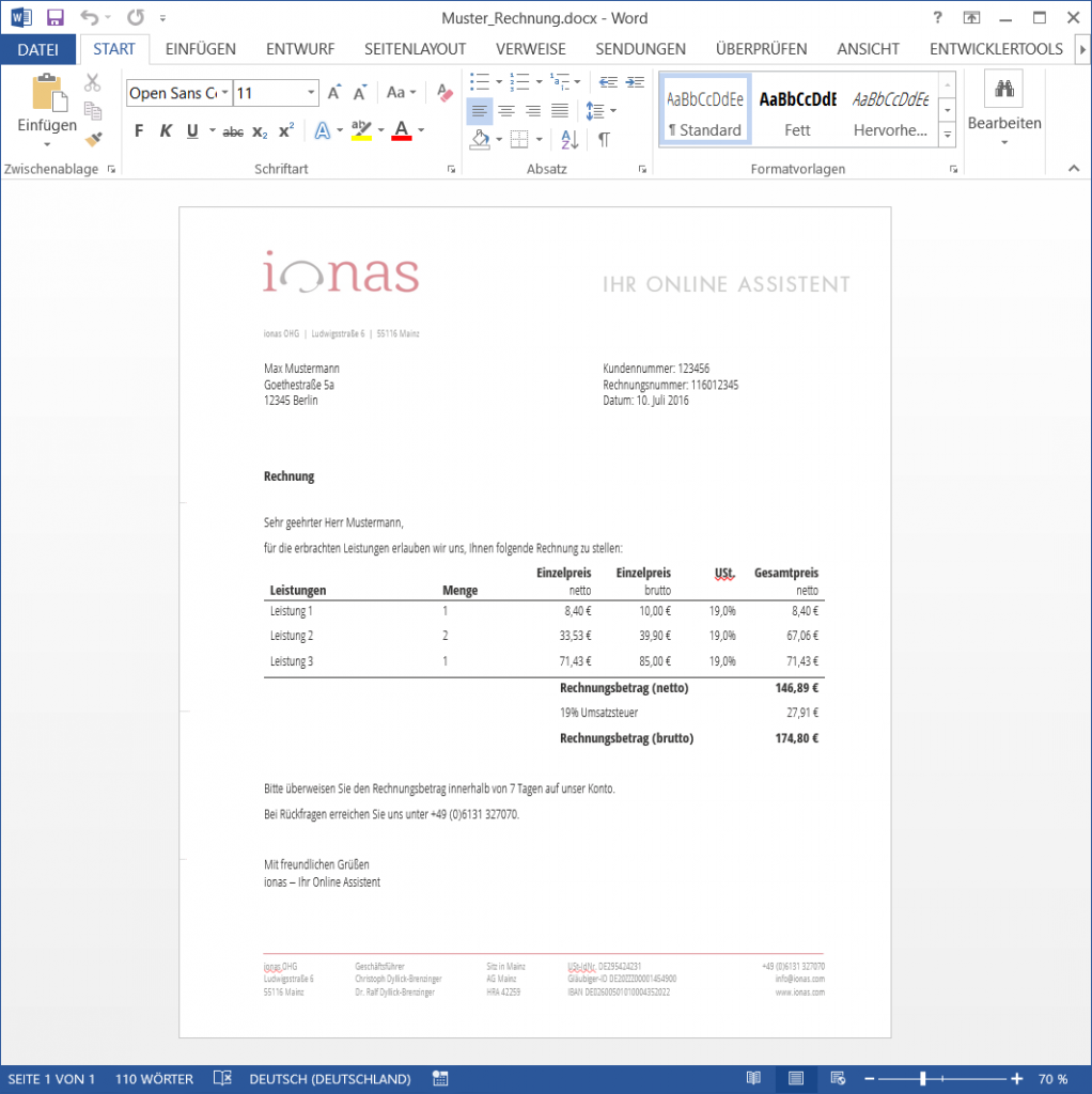 Word Rechnungsdokument