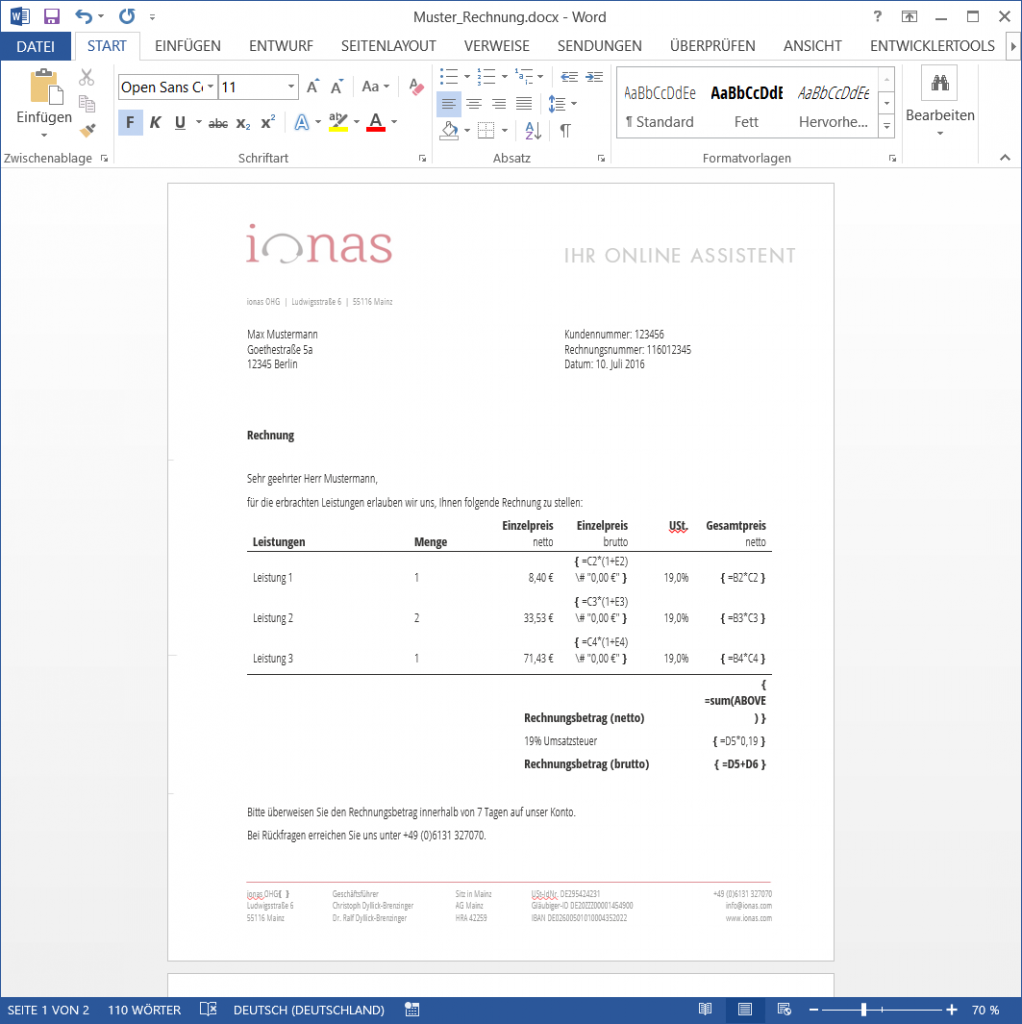 Rechnungsdokument mit Feldfunktionen