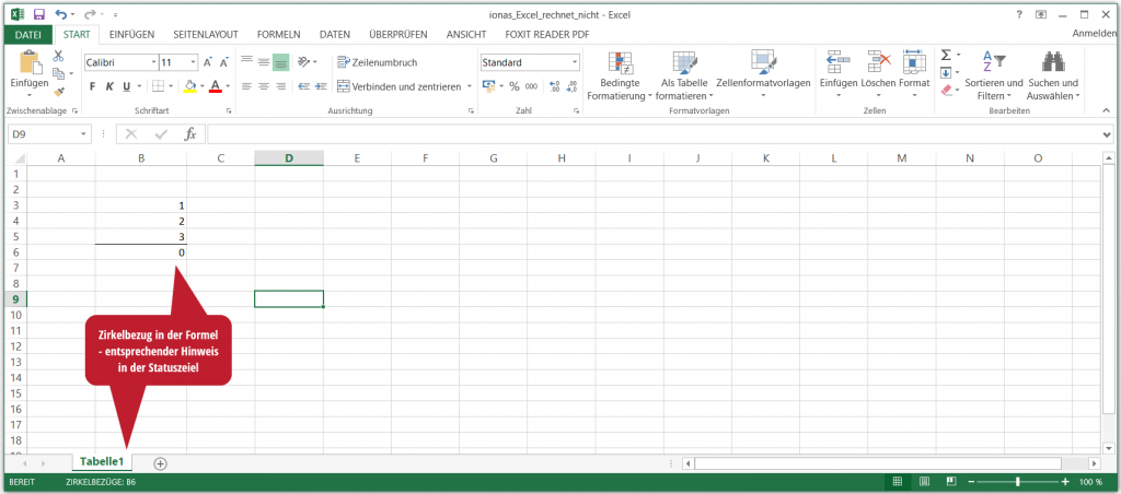 Excel rechnet nicht, weil ein Zirkelbezug vorliegt