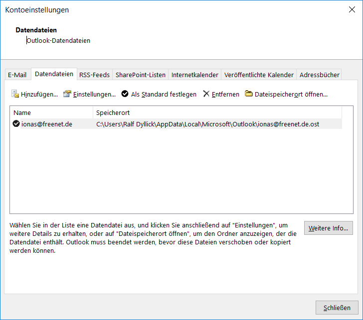 Outlook Kontoeinstellungen - Tab Datendateien