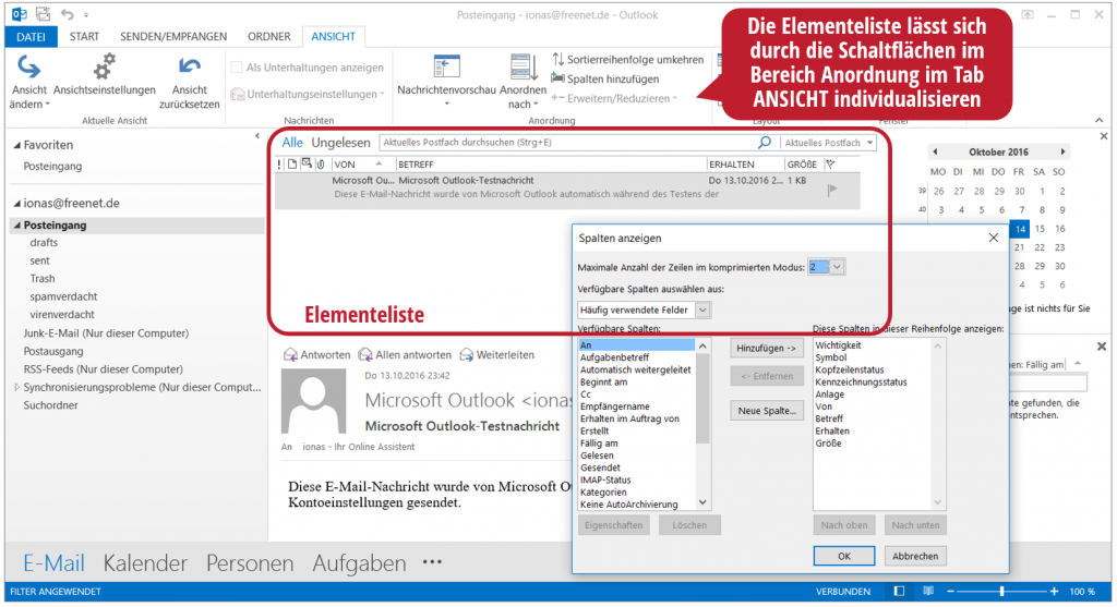 Die Elementeliste in Outlook