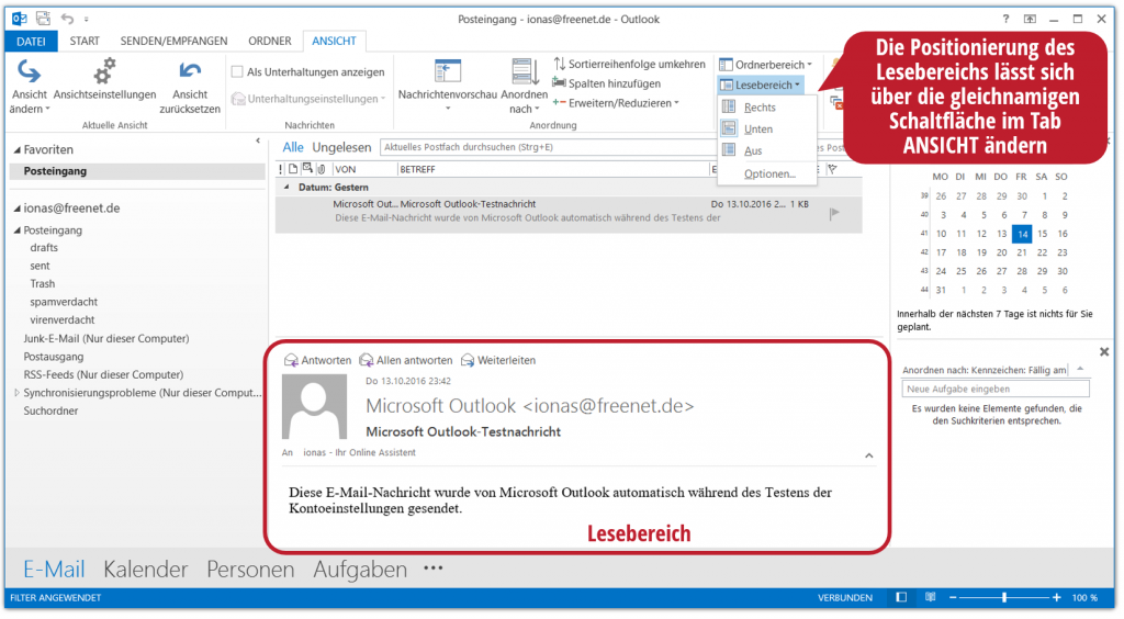 Der Lesebereich in Outlook