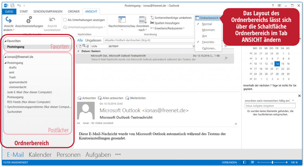 Der Ordnerbereich in Outlook