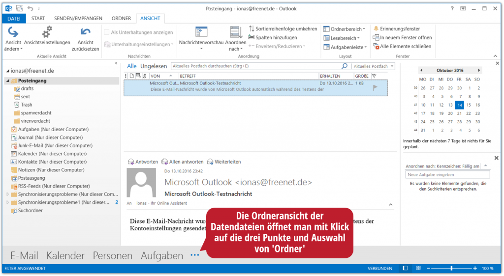 Der Ordnerbereich in Outlook in der Ordneransicht