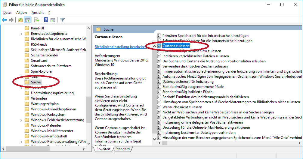 Cortana deaktivieren über die Group Policies