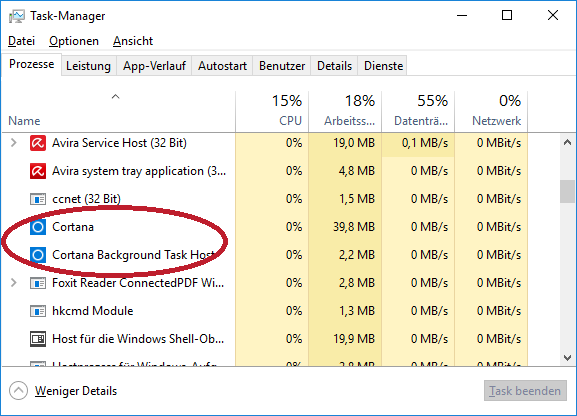 Cortana auch nach Deaktivierung noch im Task-Manager