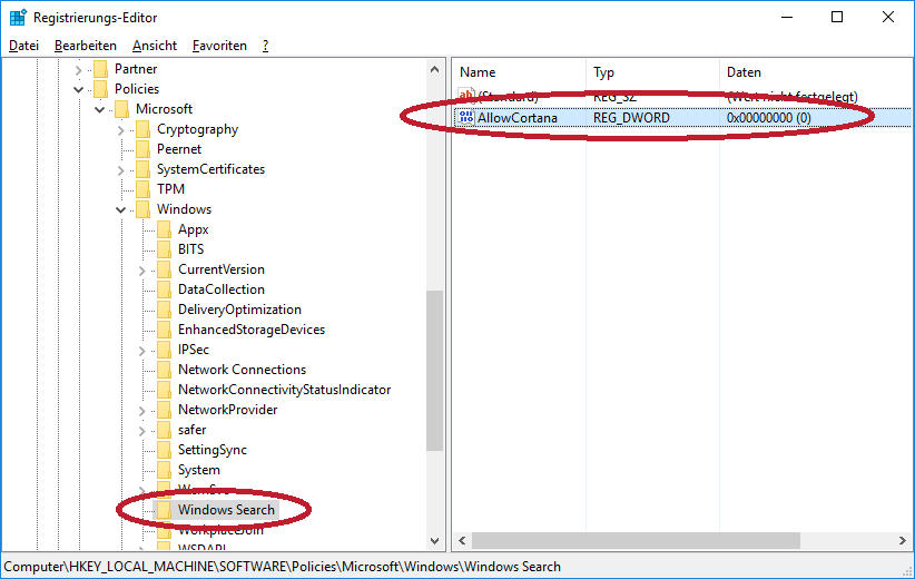 Cortana über Registrierungsdatenbank deaktivieren
