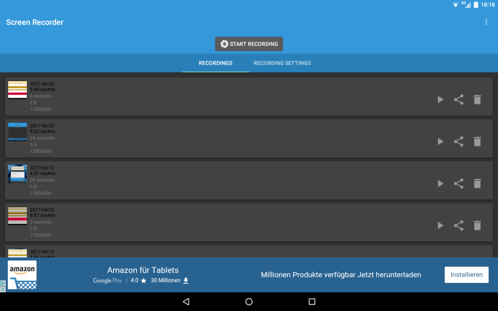 Liste der Screenrecordings im Lollipop Screen Recorder