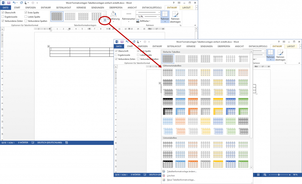 Word Tabellenformatvorlage: Neue Tabellenvorlage erstellen
