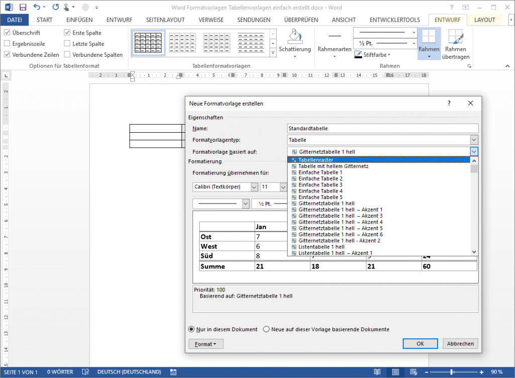 Word Tabellenformatvorlage: Auswahl der Grundlage der Tabellenvorlage