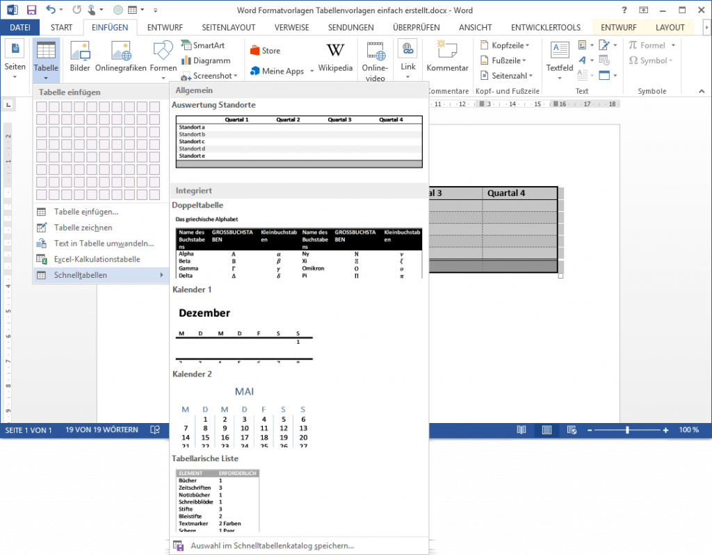 Word Tabellenformatvorlage: Schnelltabelle anlegen