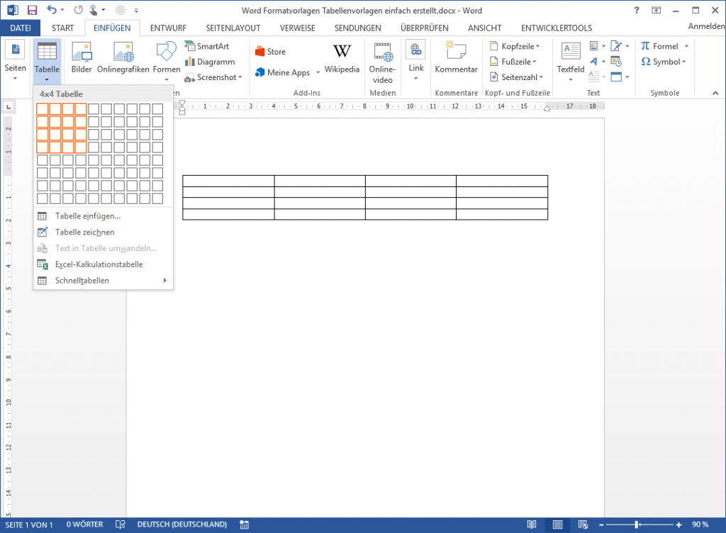 Word Tabellenformatvorlage: Neue Tabelle einfügen