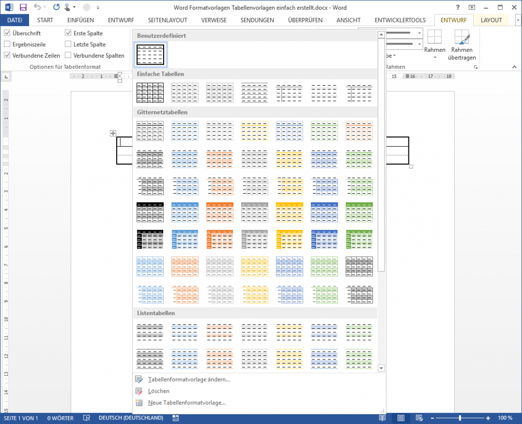 Word Tabellenformatvorlage: Benutzerdefinierte Tabellenvorlage auswählen